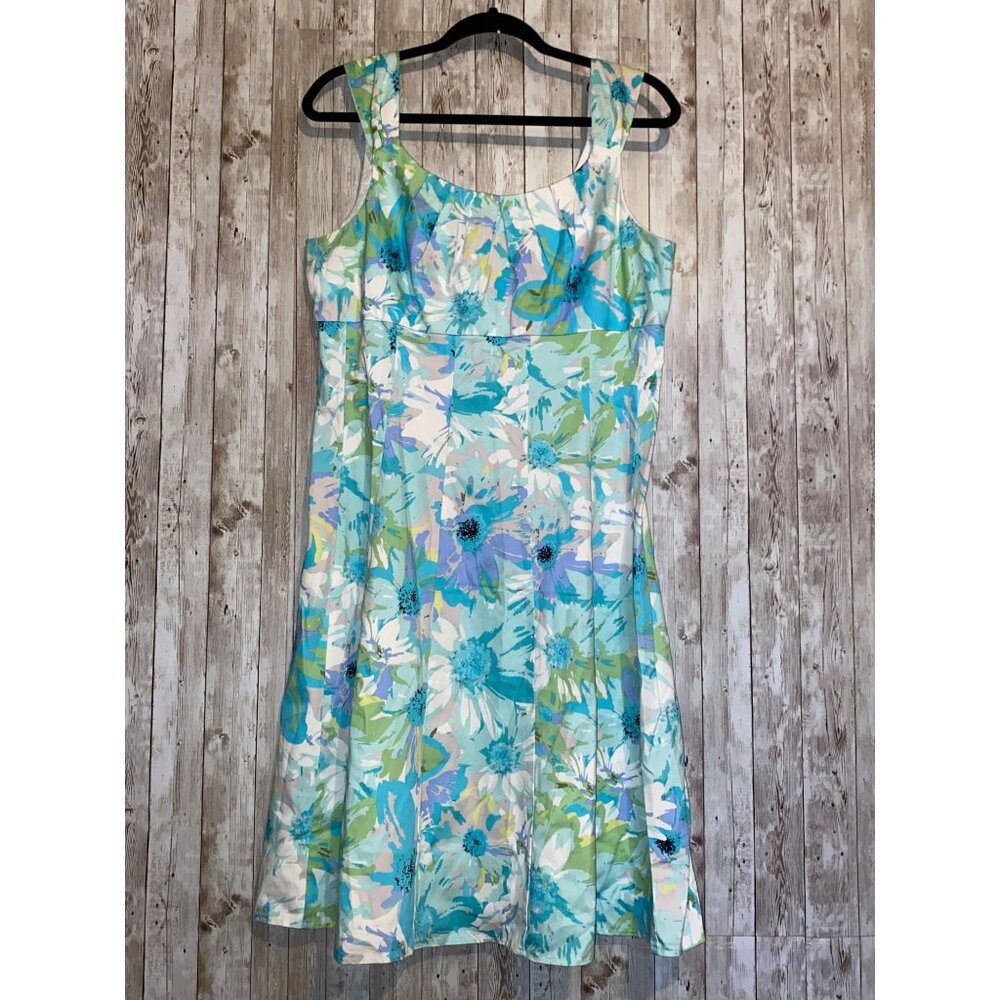 Women's Dress Barn Blue Green Floral Print Sleeveless Summer Dress Size 14